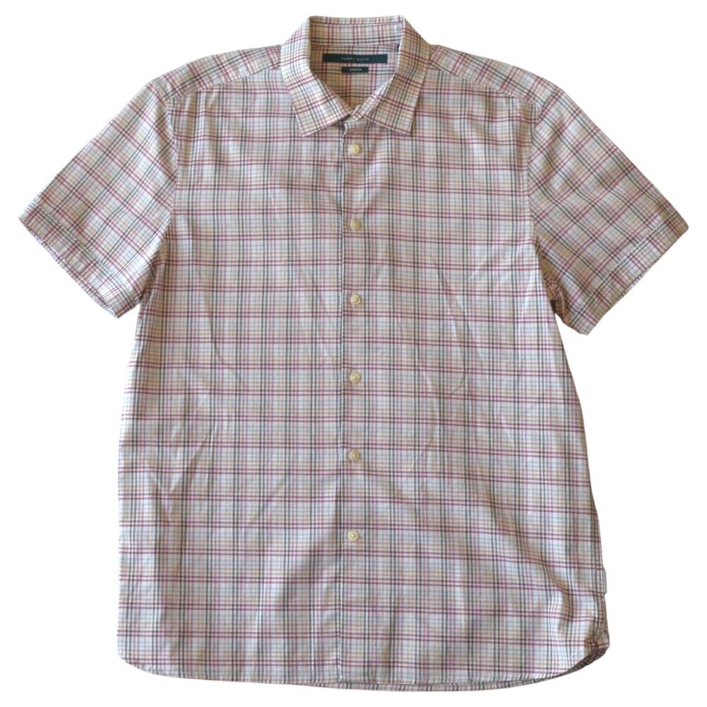 Perry Ellis Brown Plaid Stretch Short Sleeve Button-Up Shirt - Men's Medium